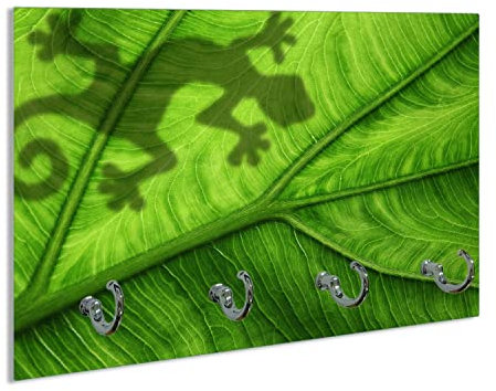 Wallario Handtuchhaken für Bad & Küche aus Glas 30 x 20 cm, Wand Handtuchhalter mit 4 Haken, Motiv: Gecko Schatten auf grünem Blatt - Umriss
