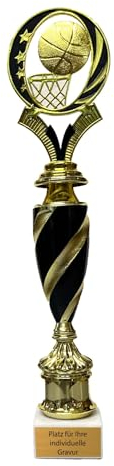 eberin · XL Basketball-Pokal · Komplettfigur Basketball · Basketball // Korb // Säule schwarz und Gold · Pokal mit Wunschtext, Größe 34 cm