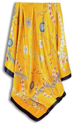 GLORIS Écharpe en soie pour femme 90 x 90 cm – Élégant foulard carré en soie | Foulard en satin | Cadeau pour femme Accessoires de mode, Bord jaune et bleu, 90X90 cm