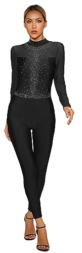 Aislor Damen Gymnastikanzug Ganzkörper Langarm Sportbody Glitzer Turnanzug Rückenfrei Eiskunstlauf Body Tanzbody Tanzkleidung Schwarz XL
