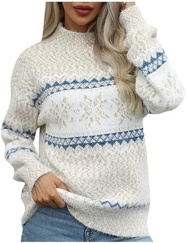 AMhomely Jumpers Women Sweater Autumn Casual Long Sleeve Knitted Top Snowflake Knitted Casual Pullover Tops Crewneck Loose Fit Sweater Thermal Cable Knit Jumpers Christmas Holiday Knitwear Beige M