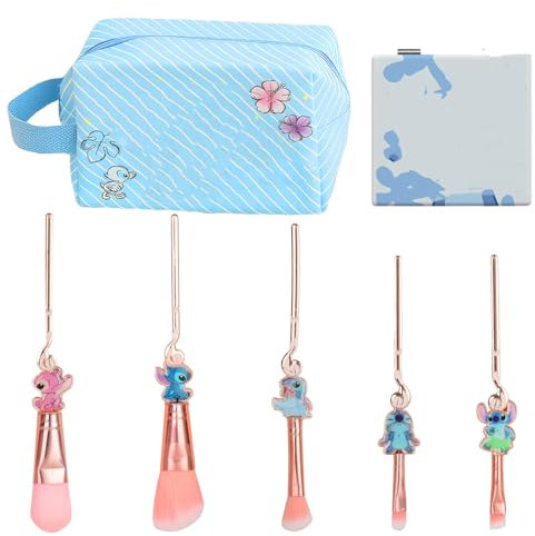 Trousse de Maquillage Stitch de Voyage Avec Pinceaux et Miroir - Cosmétiques Kawaii Portables - Cadeau Pour Fille et Femme (Style 2)