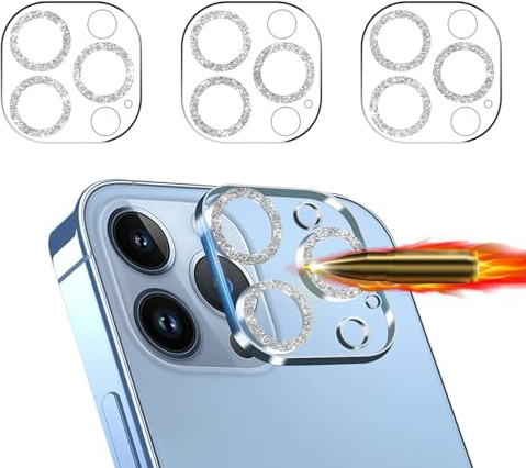 IOPYKKOA 3 Stück Kamera-Schutzglas, kompatibel mit iPhone 12 Pro 3D stereoskopische Linsenfolie, kratzfest, 9H Härte, HD, voller Kameraschutz, glitzernd, Silber