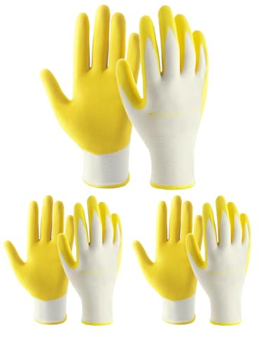 HANDLANDY 3 Pairs Gardening Gloves for Women Latex Free, Breathable Nitrile Coated Secure Grip Garden Gloves Yard Work Gloves (Yellow, M)