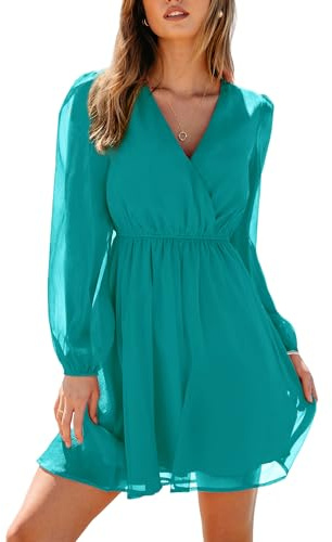 CUPSHE Women's Floral Print Chiffon A-Line Mini Dress Long Peasant Sleeves Elastic Autumn Dress Teal XL