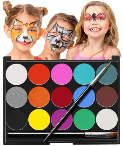 Pintura de Cara para Niños, 15 Colores Pintacaras Infantil con 2 Pinceles, Maquillaje Niñas, Fácil de Aplicar y Limpiar, Pintura de Cara para Niños Halloween Fiestas Cosplay Semana Santa