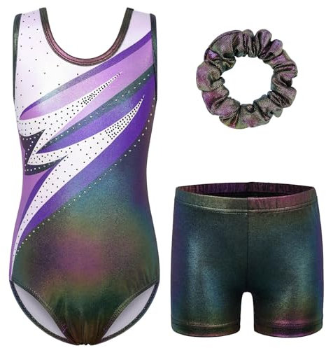 ZNYUNE Mädchen Turnanzug mit hose Haarband Set gymnastikanzug Kinder Shorts trikot turnen Ärmellos/Langarm Kleidung klassisch Turnbody B370 BlackPurple 12A