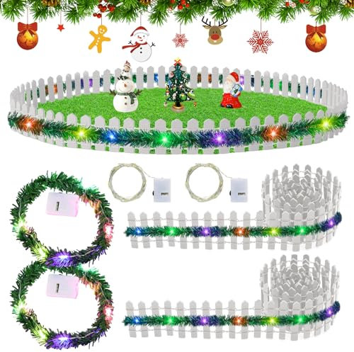 2 Pezzi Accessori per Natale - Decorazione in Miniatura, Recinzione in Legno Con Luci (100 cm x 5 cm) - Bella Recinzione Gnomo per Casa delle Bambole, Giardino