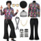 Ginkago 70er Jahre Disco Kostüm Set, 8PCS Hippie Herren Outfit mit Glitzer Schlaghose Hemd 80s Fasching Bekeidung für 50s 60s 70s Cosplay Halloween Party XL