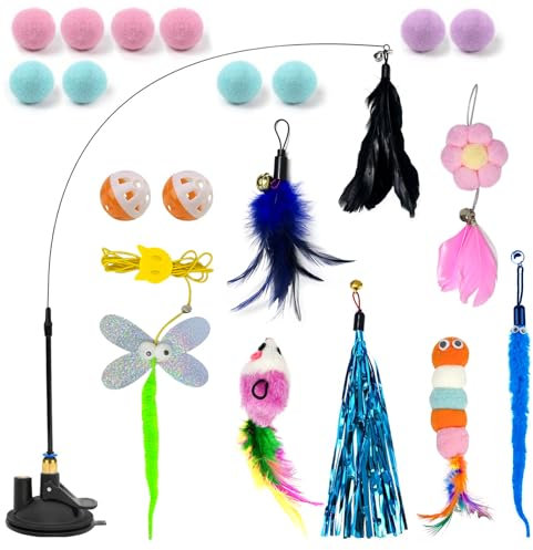 Vinest 20Pcs Interactive Cat Toys for Adult Indoor Cats - Suction Cup, Detachable Wand Toys for Self-Entt and Interaction
