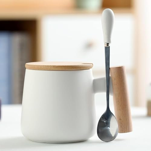 Tazza da tè in ceramica, per il latte, per l'ufficio e la casa, 350ml, con coperchio e cucchiaino da caffè, compleanno, regalo di San Valentino, nuovo regalo di inaugurazione della casa (Bianco)