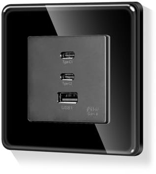 LIAONFOY Super Fast Charging Runde Wandsteckdose 86mm 100-240V Kompatibel mit iPhone iPad Android Gerät Max Ladegeschwindigkeit 65W für Typ c 20W für USB Schwarz(Neutrale erforderlich)
