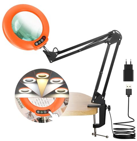 Veemagni 10X Lupenlampe für Lesen, 5 Farbmodi Stufenlos Dimmbar, Verstellbarer Schwenkarm LED Beleuchtete Lupenleuchte mit Klemme, Hände frei Lupe mit Licht und Ständer für Schließen Arbeit- Orange