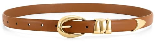 JasGood Damen Ledergürtel Mode Goldschnalle Schmaler Gürtel Damen für Jeans Hosen Kleider Damengürtel,Braun,130cm