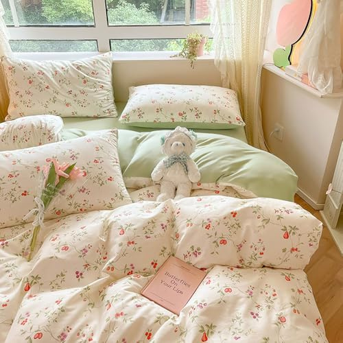 Covebett Bettwäsche 135x200 2teilig Weiß Grün Blumen Blätter Pflanzenmuster | Bettbezug Blumenmuster Aesthetic Mädchen Mikrofaser Renforcé Wendebettwäsche Set mit Reißverschluss und 1 Kissenbezüge 40x80