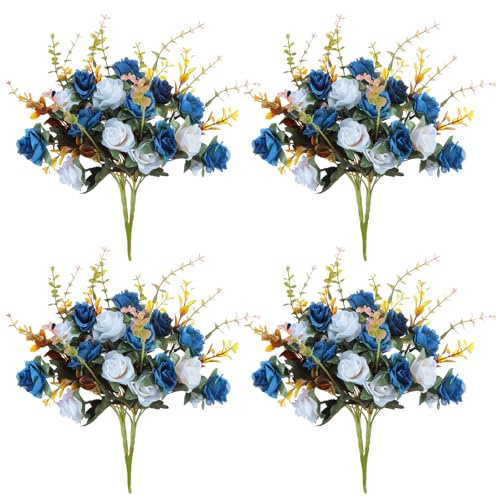 DINGFENG Flowers Flower 4 Bundles Silk Rose Blue Artificial Faux Fake