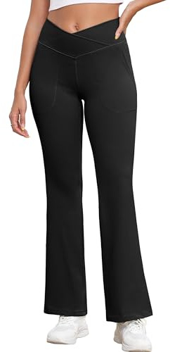 GRECERELLE Damen Weite Hose Yogahose Crossover Hohe Taille Jogginghose Stoffhose mit Taschen Elegant Straighthose Bauchkontrolle Schlaghose Sporthose für Gym Sport