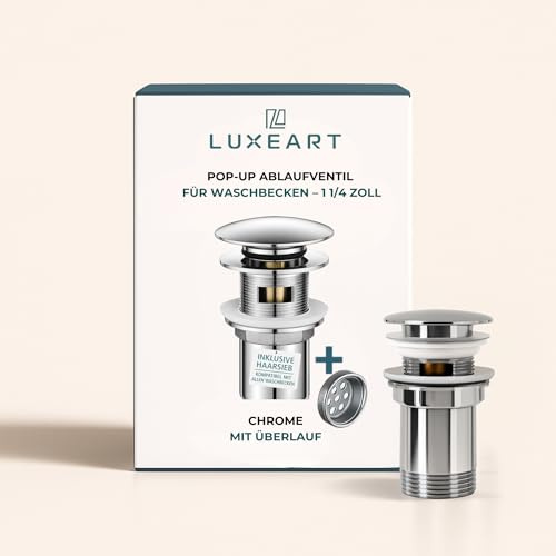 Luxeart Pop-Up Ablauf – Click-Clack Ablaufventil mit Überlauf, Ø32 mm, Premium Messing, Korrosionsbeständig, Einfacher Einbau, Hochwertiges Waschbecken-Ablaufventil für moderne Badezimmer