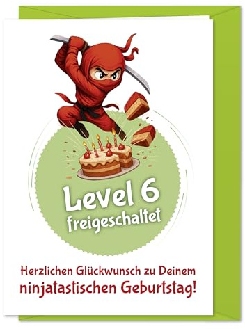 PAPIERSTROLCH Geburtstagskarte Junge Ninja, XL Ninjago Glückwunschkarte 6. Geburtstag, Level 6 freigeschaltet mit Kuchen und Kampfgeist - inkl. Umschlag (Geburtstagskarte 6. Geburtstag)