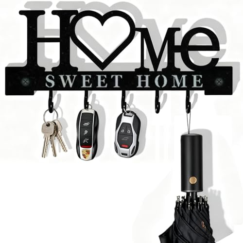 Sweet Home Key Holder for Wall, Black Metal Key Hooks Wall Mounted | Self-Adhesive or No-Drill Key Rack, Heavy-Duty Key Hanger for Entryway, Home, Office & Door Decor