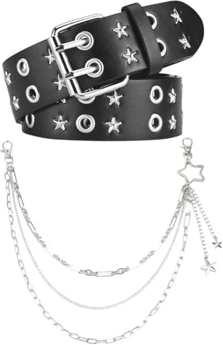 Tastetreasure Punk Rock Gürtel mit Nieten & Ösen für Damen/Herren, Y2K E-Girl Hüftgurt & Stern-Ketten-Set, Verstellbarer Ledergürtel mit Metall-Hosenkette