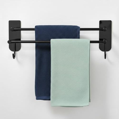 Porte-serviettes double sans perçage 60 cm - Barre autocollante avec 2 crochets en acier inoxydable - Montage mural étanche pour salle de bain, cabine de douche, sauna et cuisine