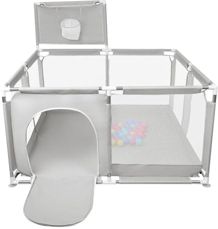 Parc Bébé en Tissu Oxford, Petit Enfant avec Barrières, Parc De Jeux Bébé pour Appartement Avec 50 Balles,Basketball Rack,Avec 4 Ventouses-126 * 126 * 66 cm-gris clair