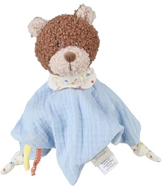 Sterntaler Schmusetuch S Bär Bob aus weichem Flausch und Musselin mit weichen Entdecker-Knoten und Rassel, fördert Greifen und Tasten, 23 × 7 × 6 cm – eisblau