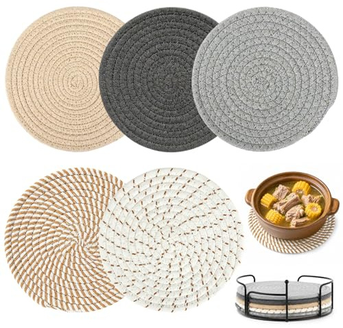 5 STK Topfuntersetzer Baumwolle 20cm, hitzebeständig, Küche | Gewebte Untersetzer für Töpfe, Pfannen & Teekanne. Schützt Tisch & Arbeitsplatte vor Hitze. Waschbar & langlebig