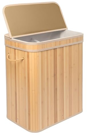 Relaxdays Wäschekorb mit Deckel, Bambus, 100 l, 2 Innenfächer, HxBxT: 63 x 52 x 32 cm, Badezimmer Wäschetruhe, Natur