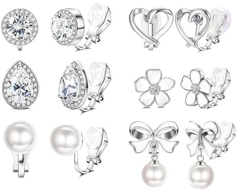 Uwiyo 6 Paar Clip Ohrringe Damen, Gold Silber Ohrclips Damen Hypoallergen Ohrclips Ohne Ohrlöcher Perlen Herz Blume Zirkonia Klipp Ohrringe Fake Ohrringe Set für Frauen Mädchen