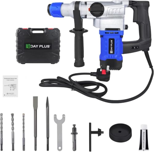 1500W Corded Hammer Drill with 360° Swivel Side Handle & Adjustable Speed – Brushless Motor Rotary Hammer, Concrete Breaker Jackhammer Set Includes Drill Bits, Chisel & Lubricant