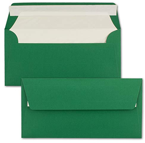 100x Briefumschläge DIN Lang 11 x 22 cm gerippt in Dunkelgrün gefüttert mit weiß em Seiden-Papier 110 g/m² Haftklebung