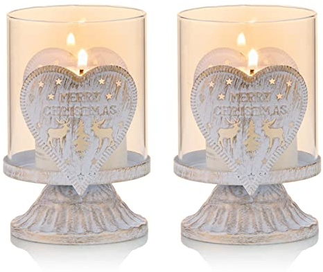 Sziqiqi Set di 2 Candelieri Candelabri Candelabro Portacandele in Metallo Antico, Candelabro Uragano Shabby Centrotavola per Decorazione Natalizia del Camino del Mantello da Tavola di Natale, Bianco