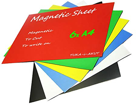 TUKA-i-AKUT 6X A4 Magnetfolie zum Beschriften und Zuschneiden, Flexibel Magnet Tafelfolie Magnetplättchen, Werbelehrmagnet Magnetische Etikett Plakat, 6er Set in 6 Farbe, TKD9040-bunt-A4-6x