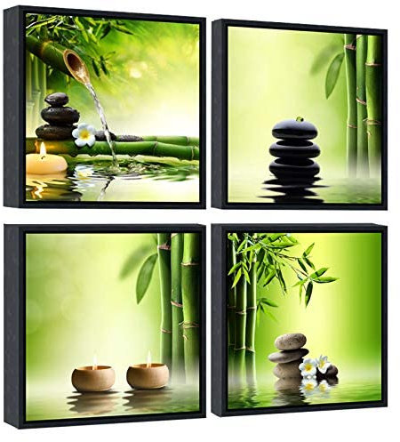 Wieco Art 4 panneaux modernes avec cadre noir contemporain Zen Giclée Impressions sur toile Parfait Bambou Vert Décoration murale pour la maison, le bureau, le salon, la chambre à coucher