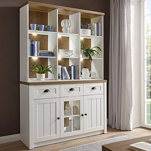 Lomadox Buffetschrank Buffet Küchenbuffet im Landhausstil, Pine weiß mit Eiche hell, inkl. Beleuchtung