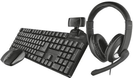 Trust Qoby home office set pack 4 en 1 negro webcam HD Trino auriculares Reno pack Ximo teclado y ratón inalámbrico24042