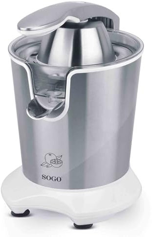 Sogo Exprimidor eléctrico de zumo de naranja y limón con con 2 conos y palanca | automático | potente y silencioso | 0,3 Litros | 160w | Acero Inoxidable (SS-5185)