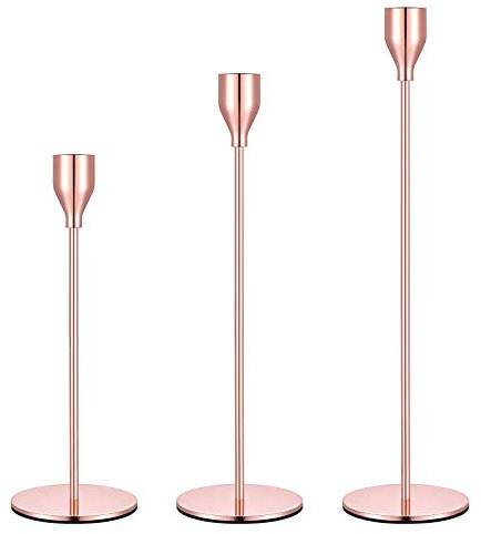 Set of 3 Candle Holders Rose Gold Taper Candlesticks Wedding Dinning Party Table Decorative Candelabra Modern Holder for 3/4 Inch Thick Candle & LED Candles