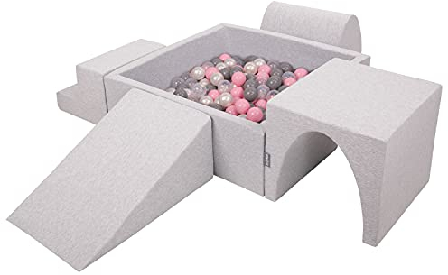 KiddyMoon Spielplatz Aus Schaumstoff Mit Quadrat Bällebad (300 Bälle) Ballgruben Für Babys Spielbad Hindernisläufen, Hergestellt In Der EU, Hellgrau:Perle/Grau/Transparent/Puderrosa
