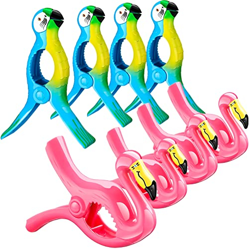 8 Stück Strandtuch-Clips für Handtücher, Strandstühle, Flamingo, Papageien, Handtuchhalter, tragbare Handtuchclips, Jumbo-Größe, Handtuchnadel für Pool, Strand, Kreuzfahrtschiff (rosa, blau, Papagei)