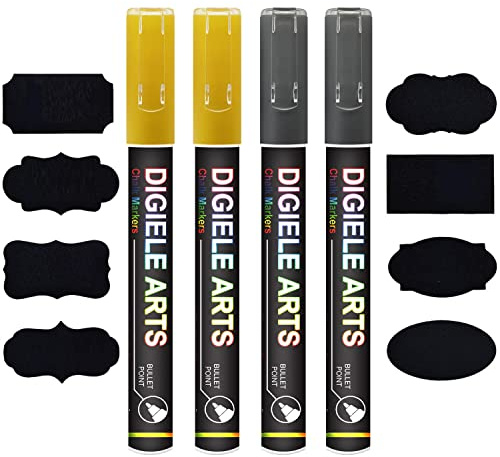 DIGIELE Kreidestift Gold + Silber, 2 Kreidestifte Gold + 2 Kreidemarker Silber 3mm+16 Tafel Labels, Trocken oder Feucht Abwischbare Flüssigkreide, Reversibel Stiftspitze-Whiteboard/Tafel/Fenster/Glas