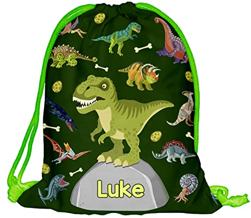 Kinder Turnbeutel mit Namen Beutel Fullprint Tasche Gymsac Jutebeutel Print Bag Fitness Junge Mädchen T-Rex Dino Dinosaurier [010]