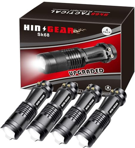 HinsGEAR 1 Mode Small LED Torches Battery Powered Mini Torch Super Bright Adjustable Focus Pocket Size Torch Tactical Flashlights for Camping, Hiking, Gift (4 Pack)