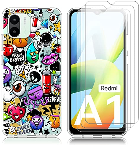 Czyoa Coque pour Xiaomi Redmi A1 / Redmi A2, avec 3 Pièces Film Protection, Coloré Souple TPU Housse Étui, d'écran en Verre Trempé pour Xiaomi Redmi A1 / Redmi A2 6,52''