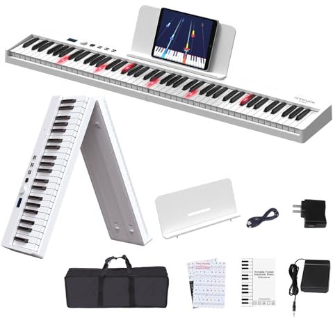 KONIX Folding Piano Keyboard, 88 Keys Full Size Semi Weighted Foldable Piano, Portable Electronic Keyboard Piano with Light Up Keys, Sustain Pedal, Keyboard Stickers, Music Stand and Piano Bag, White