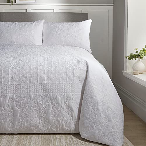 Serene Avery Stripe White Pinsonic Duvet Cover – Super King Size (260 x 220cm) – Embossed Design – Soft & Lightweight – Luxury Traditional Bedding for Master Bedrooms