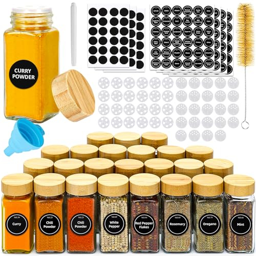 FAMKEEP Pot à Épices en Verre et Bois - 24 Pièces 120ml Pots à Épices Set,Ensemble de Bocaux Épices pour un Rangement Cuisineavec Étiquettes Epices,Saupoudreur,Entonnoir,Brosse