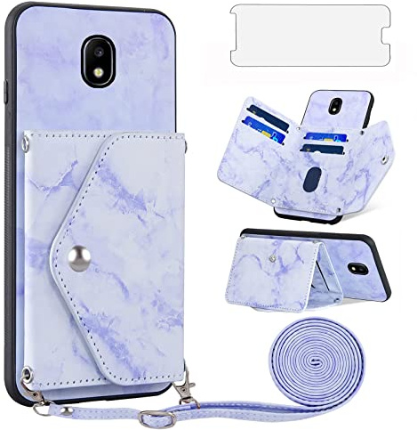 Asuwish Handyhülle für Samsung Galaxy J5 2017 Hülle mit Band und Glas Folie Schutzfolie Kartenfach Klappbar Kette Leder Geldbörse Ständer J5 Pro Duos SM-J530F/DS J530F Handy Hüllen Phone Case Blau
